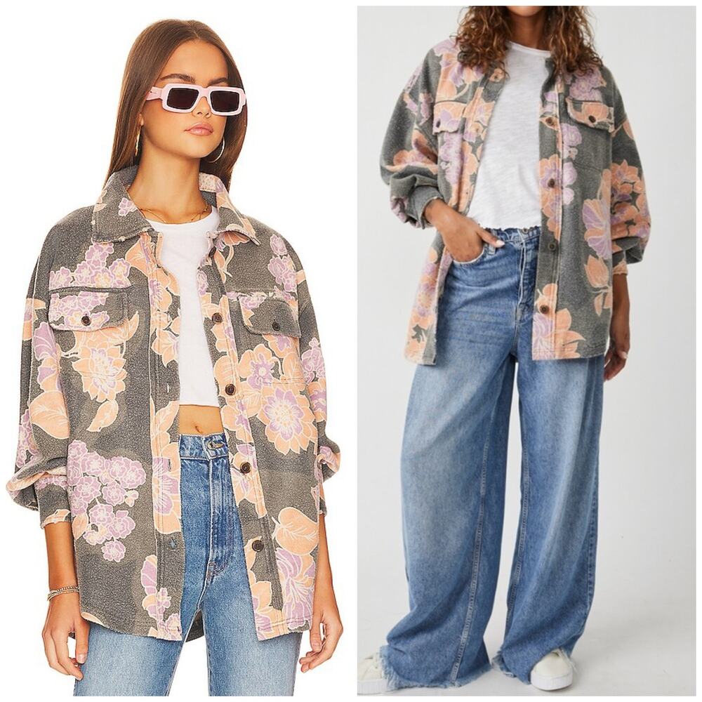Free People Ruby Jacket Size Large Charcoal Combo Bohemian Oversized Floral